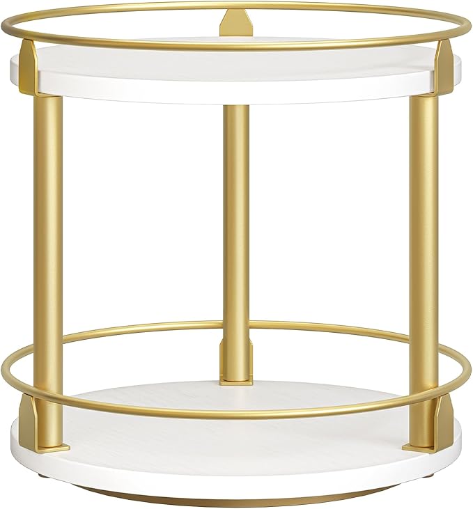 Lazy Susan Organizer, Rotating Spice Rack, 2 Tier Spice Turntable Organizer, Industrial Turntable Spice Holder, for Kitchen Countertop and Cabinet, Compact and Versatile, White and Gold SR22DW