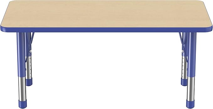 FDP Rectangle Activity School and Kids Classroom Table (24 x 48 inch), Toddler Legs, Adjustable Height 15-24 inches - Maple Top and Blue Edge