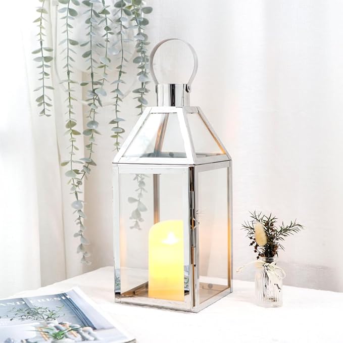 JHY Design Silver Decorative Lanterns 16inch High Stainless Steel Candle Lanterns with Tempered Glass for Indoor Outdoor Events Parities and Weddings
