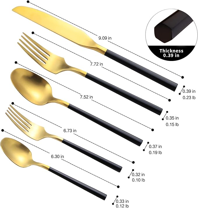 Matte Silverware Set Gold Flatware Set with Hexagon Handle 20 Pieces 18/0 Stainless Steel Cutlery Set Wedding Housewarming Gift Service for 4 (Matt black gold)