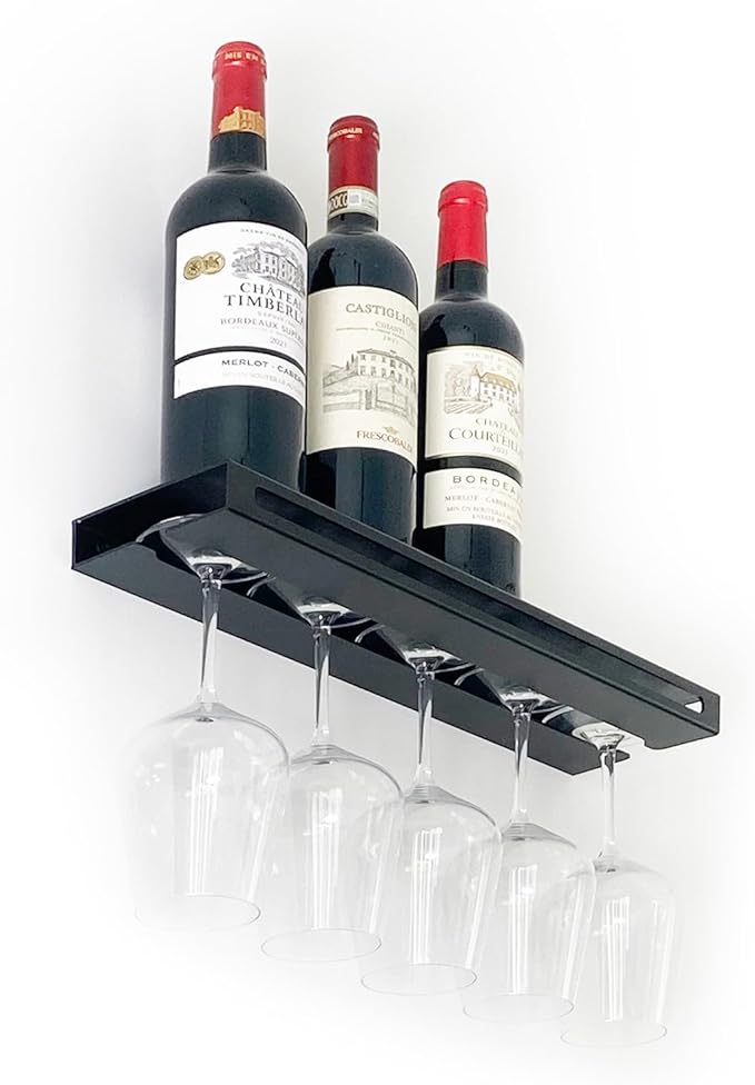 Wall Mounted Wine Rack – Metal Floating Bar Shelf with Bottle and Glass Holder, Holds 5 Bottles and 4-6 Glasses