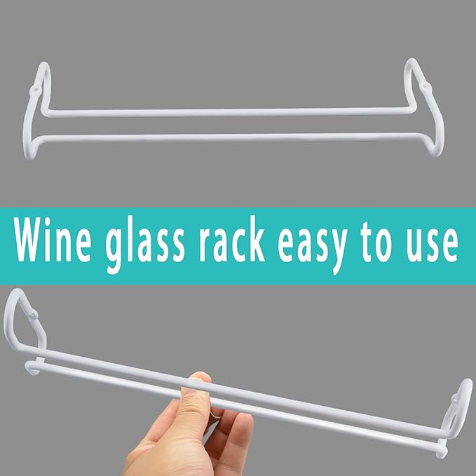 set 2 White Wine Glass Rack Under Cabinet Shelf 10 Inch Stemware Storage Hanging Hanger Organizer Glasses Holder with Drying Under Counter Metal for Kitchen and Bar