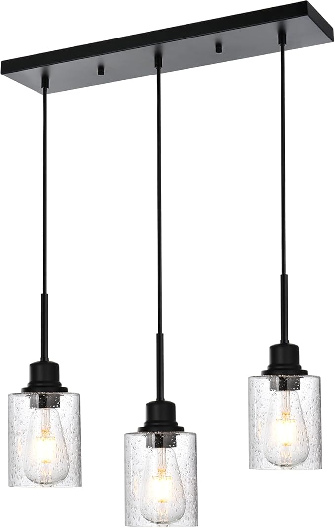 Modern 3-Light Pendant Island Light Fixture Black Ceiling Hanging Lights with Clear Seeded Glass and Adjustable Cord,Industrial Pendant Lighting for Kitchen Living Room Dining Room Foyer