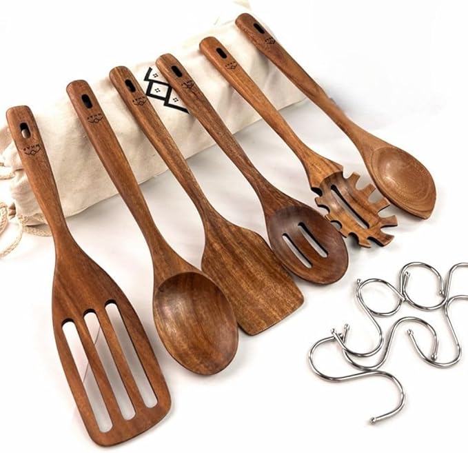 Wooden Utensils for Cooking, Premium Teak Healthy Spoons, Wooden Spoons for Cooking, Durable Eco-Friendly and Safe Teak Cooking Spoon, Cooking Gifts for Mom (set of 6) and Hooks