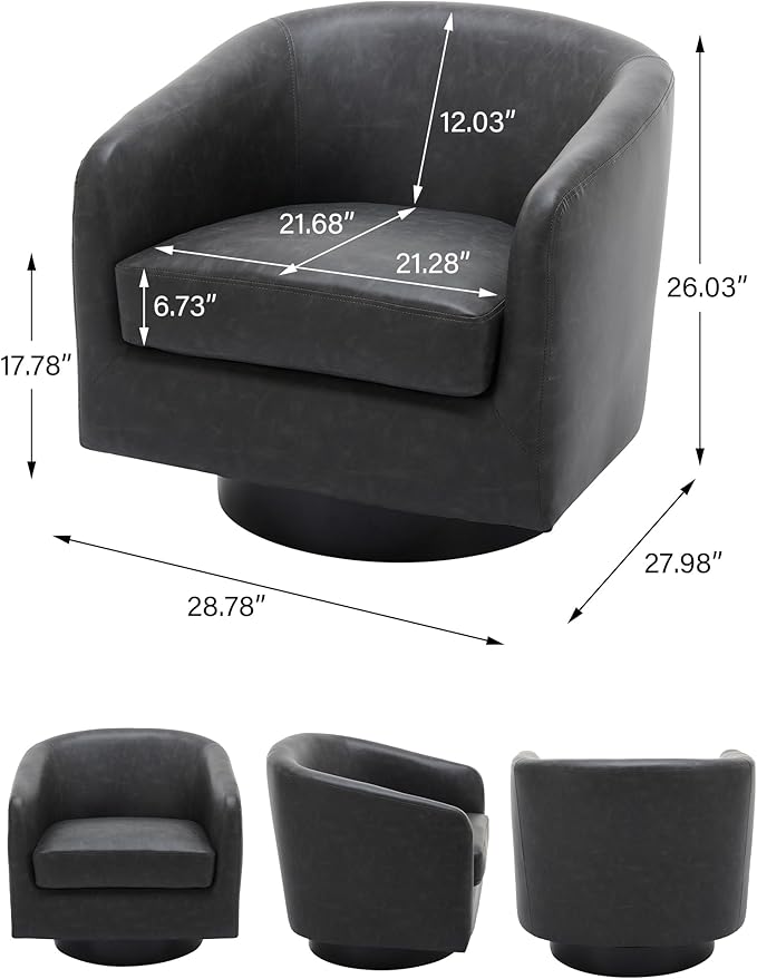 Swivel Barrel Accent Chair, Modern Round Faux Leather Arm Chair for Living Room, Bedroom, Comfy Club Reading Chairs for Adults(Faux Leather, Black Grey, Set of 1)