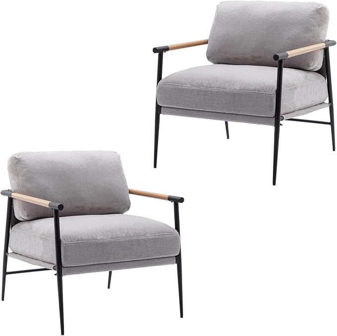 Mid-Century Accent Chair Set of 2, Soft Armchair Chenille Fabric Lounge Chair with Black Metal Legs, Upholstered Leisure Chair for Living Room Bedroom Reception Room, Grey