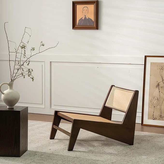 Rattan Chair 2Pcs, Mid-Century Accent Chair, Rattan Lounge Chair for Living Room, Boho Side Corner Comfy Chair for Bedroom and Balcony, Walnut