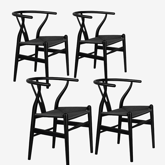 Wishbone Chair Natural Solid Wood Dining Chair/Hans Vegner Y Chair Rattan and Wood Accent Armrest Chairs Set of 4 (Ash Wood - Black)