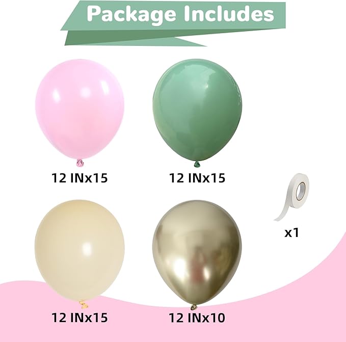Sage Green Pink Balloons 12 Inch Olive Green Pastel Pink Ivory Metallic Gold Latex Balloon for Boho Baby in Bloom Fairy Floral Wildflower Tea Safari Jungle Baby Shower Birthday Party Decoration