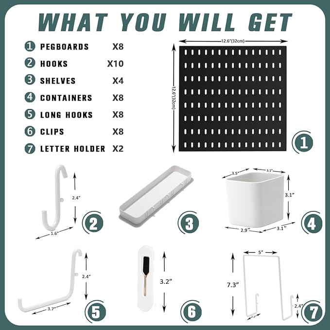 Pegboard Combination Kit, 25.2" x 50.4" Wall Mounted Storage Set with 8 Pegboards & 40 Accessories Hanging, Peg Boards Organizer