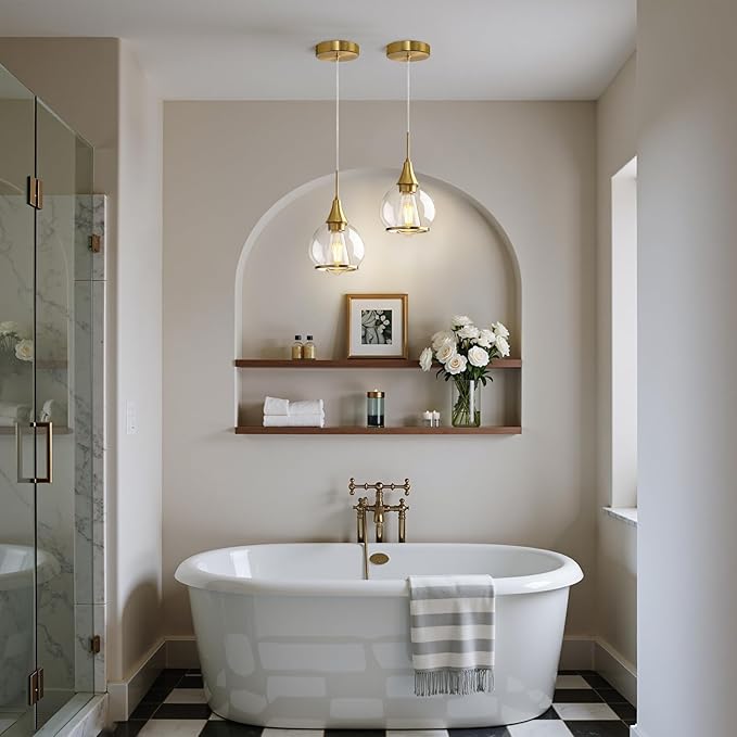 Pendant Light Fixtures Kitchen: 2 Pack Modern Gold Island Light with Clear Glass - 6 Inch Mid Century Globe Kitchen Lighting Chandeliers Ceiling for Foyer Bedroom