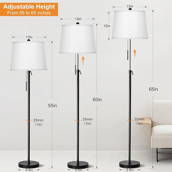 Black Floor Lamps for Living Room Adjustable Height Standing Lamp Modern Tall Pole Lamps for Bedroom Office with White Linen Shade 3 Color Temperature 9W LED Bulb Included