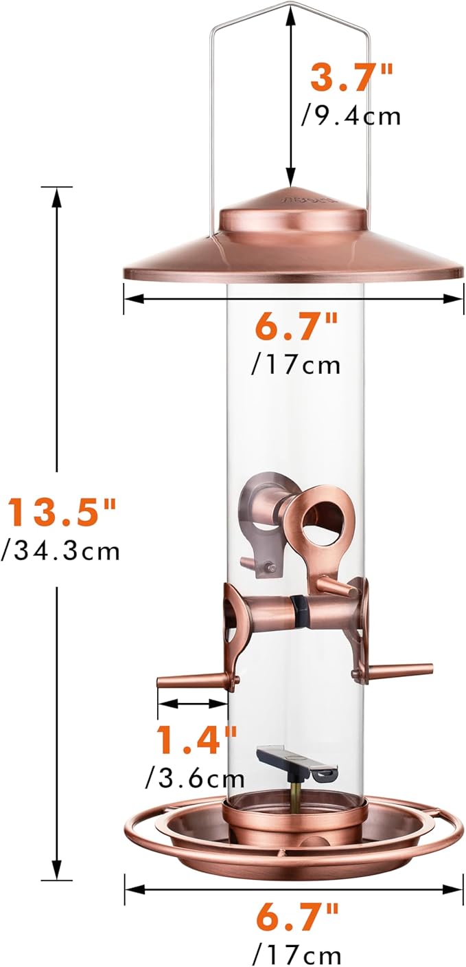 iBorn Bird Feeders for Outdoors, 2LB Metal Bird Feeders 17cm Large Roof &Tray, 4 Feeding Ports, Brushed Copper Finishing