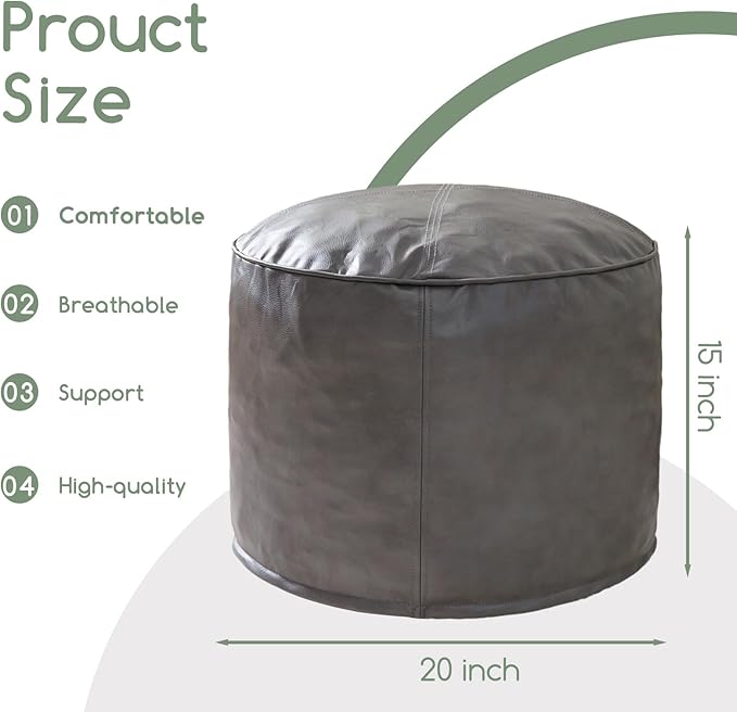 HIGOGOGO Round Stuffed Pouf Ottoman, Pu Leather Poufs with Foam Chunk Filling, Furry and Fluffy Pouf Foot Stool Storage Ottoman, 20 X 15 Floor Poufs Foot Rest for Living Room, Grey