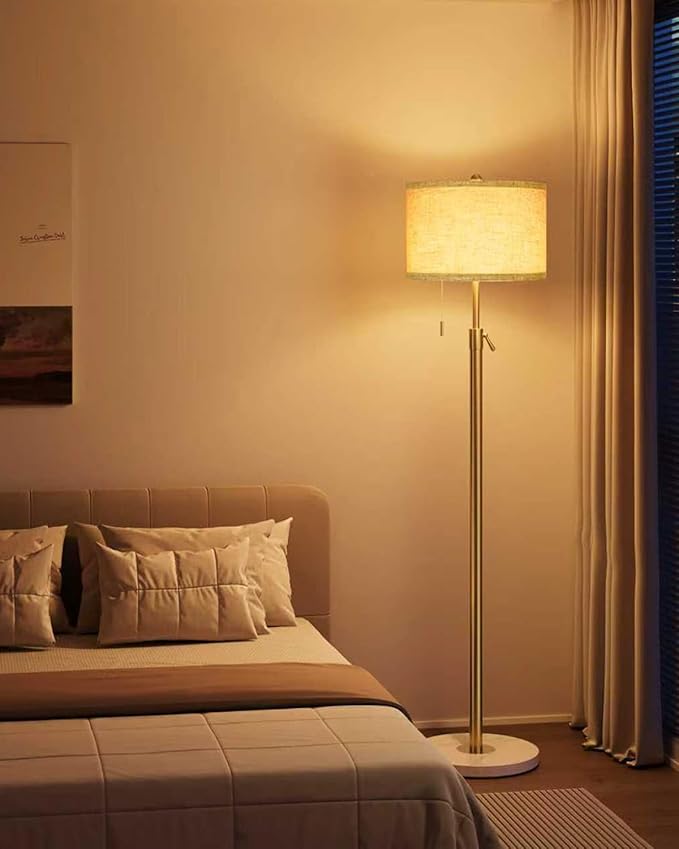 Modern Gold Floor Lamp for Living Room - Adjustable Height Standing Lamp with Marble Base & Linen Shade, 3-Way Dimmable Tall Floor Light for Bedroom, Reading, Bulb Included
