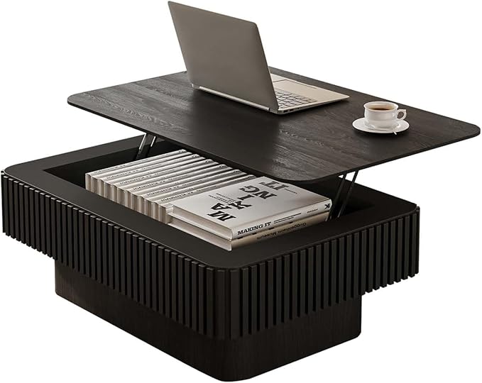 Lift Top Coffee Table with Storage, Solid Wood Coffee Table with Adjustable Height, Fluted Center Table Accent Tea Table for Living Room, Apartment, Office (38.6" Black)