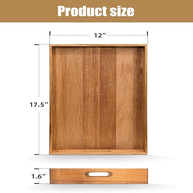 Acacia Wood Serving Tray with Handles - 17-Inch Large Wooden Tray for Ottoman - Perfect for Breakfast, Lunch, Dinner, Appetizers, Patio, Ottoman, Coffee Table,BBQ, Party – Great for Lap &Couch 