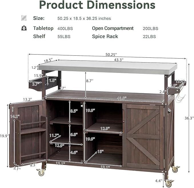 Farmhouse Solid Wood Grill Table with Stainless Steel Top, Outdoor Rolling Bar Cart & Storage Cabinet with Spice & Towel Rack, Outdoor Kitchen Island with Internal Storage Rack, Dark Brown