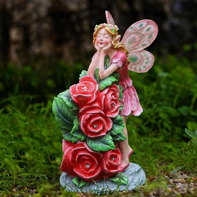 Solar Garden Outdoor Statues Cute Flower Fairy with 7 LED Solar Figurine for Lawn,Patio, Balcony, Yard Unique Housewarming Gift, for Woman, Mom, Grandma