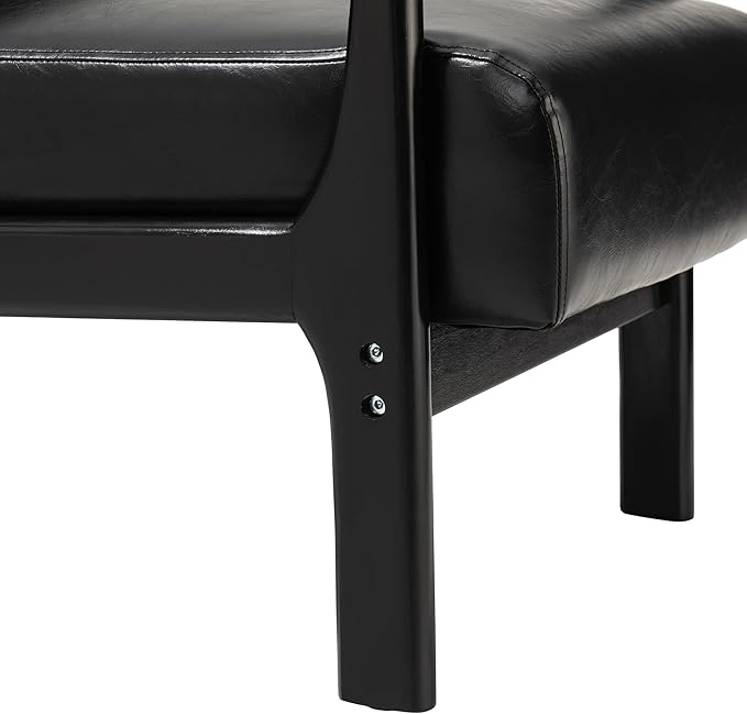 Glitzhome Accent Armchair with Walnut Ruberwood Frame, Black PU Leather Lounge Chair for Living Room
