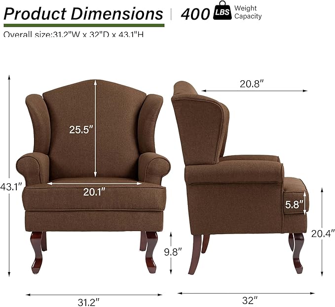 Accent Chair, High Back Upholstered Armchair with High Resilience Sponge & Wood Legs, Mid-Century Modern Comfy Single Sofa Reading Chairs for Living Room, Bedroom (Brown, Set of 1)