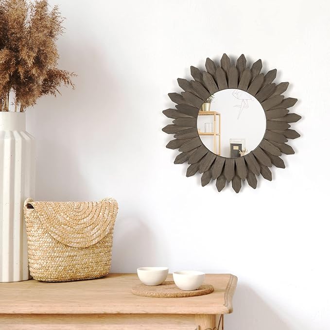 Honiway Farmhouse Wall Decor Mirror 12 inch Sunburst Boho Wood Mirror Rustic Home Decor Room Decoration for Bedroom Living Room Weathered Grey