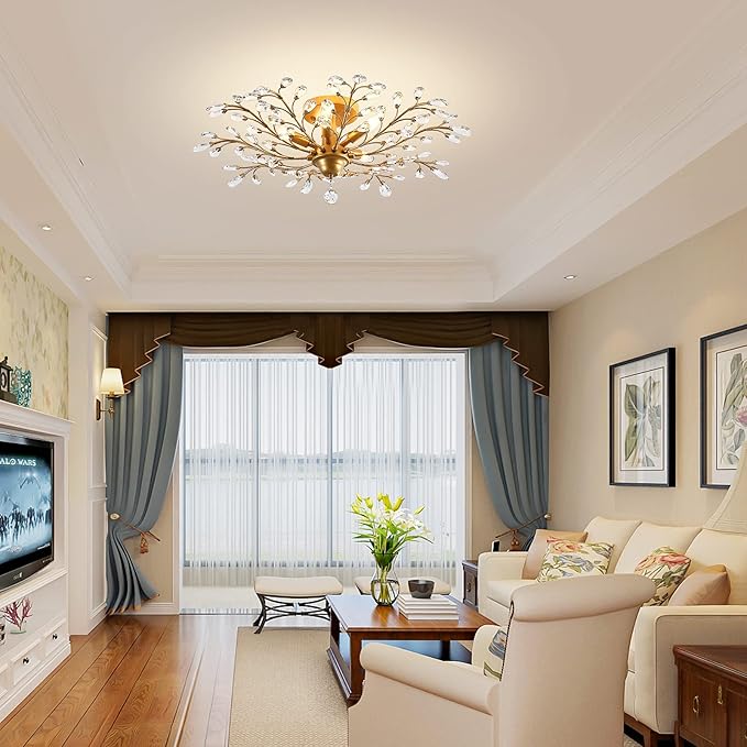 Ganeed Crystal Chandeliers,Vintage K9 Clear LED Ceiling Lighting,Edison Pendant Light Flush Mounted Fixture with 5 Light for Living Room Dinning Room Restaurant Porch Hallway (Gold)