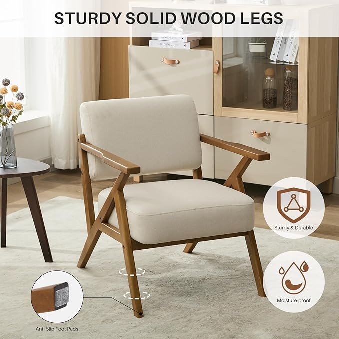 Mid-Century Modern Chair Upholstered Lounge Arm Chair with Solid Wood Frame Thicker Cushion for Living Room, Reading, Balcony, Beige Linen