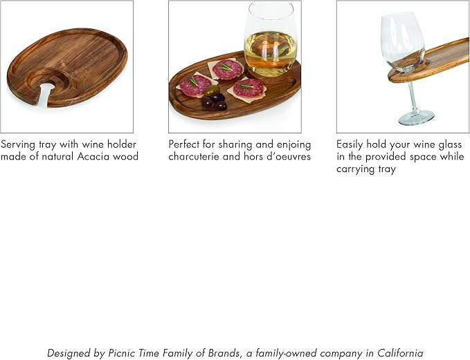 PICNIC TIME TOSCANA -Wine Appetizer Plates, Cocktail Plate with Glass Holder, Cheese Board with Wine Holder, (Acacia Wood), 9 x 6, Set of 4