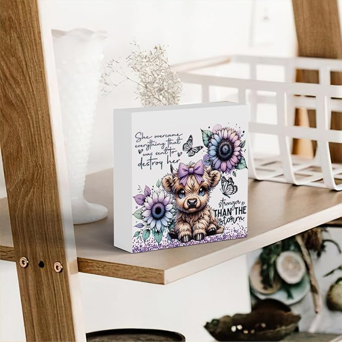 Cute Highland Cow Baby Decor, Highland Cow Sunflower Decor, Highland Cow Gifts for women, Highland Cow Nursery Decor, Wooden Box Decor Sign for Home Farmhouse Office Living Room Table Shelf