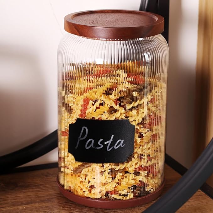 SAIOOL 2-Pack Striped Borosilicate Glass Airtight Canisters - Big mouth Large Capacity, Acacia Wood Lid, Food Storage Jars for Flour, Pasta, Pantry Organization (1 Gallon (2 Striped pack))