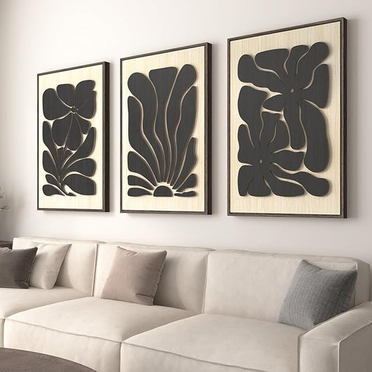 Framed Textured Wood 3D Wall Art for Living Room, Large Boho Floral Black and Beige Artwork for Walls, 3 Piece Abstract Bohemian Flower Wood 3D Art for Office Bedroom Hallway Wall decor, 24x36 Inch