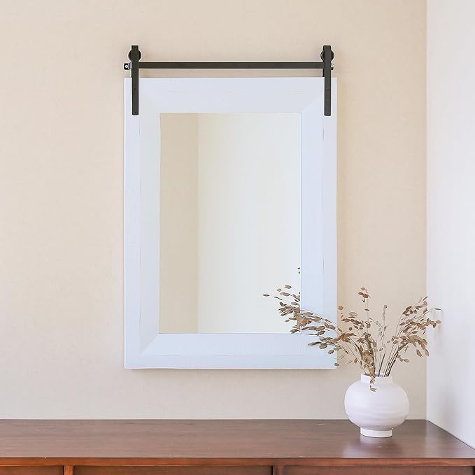 ALBAD Farmhouse Wood Framed Wall Mirror, Natural Wood and Framed Wall Mounted Bathroom Vanity Mirror for Farmhouse Decor, Vertical or Horizontal Hanging