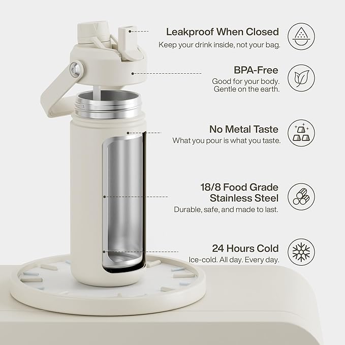 Insulated Water Bottle with Straw Stainless Steel Water Bottle, Leak-Proof, BPA-Free, Double Wall Vacuum Keeps Cold for 24 Hours for Sports, Travel, School (18 oz, Cream Moon)