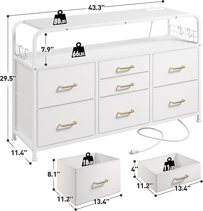 TV Stand for Bedroom with LED Lights & Charging Station, 7 Drawer with Open Shelf, Media Console for Living Room & Chest of Drawers for Closet, Entryway, Hallway, 4 Hooks, White
