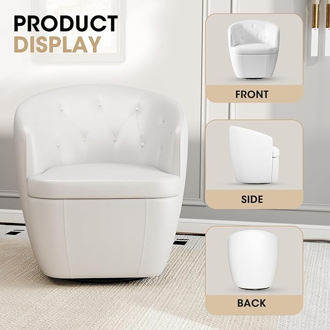 360° Swivel Leather Accent Chair, Modern Barrel Club Chair with Leather Upholstery and Sturdy Base, Comfortable Armchair for Living Room, Bedroom, Reading Nook, White