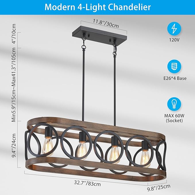 XINGQI Rectangular Linear Kitchen Island Chandeliers Over Table 32.7" Black Pendant Lighting Fixtures Farmhouse 4-Light for Dining Room Bar Office Coffee Shop, Black Wood Grain