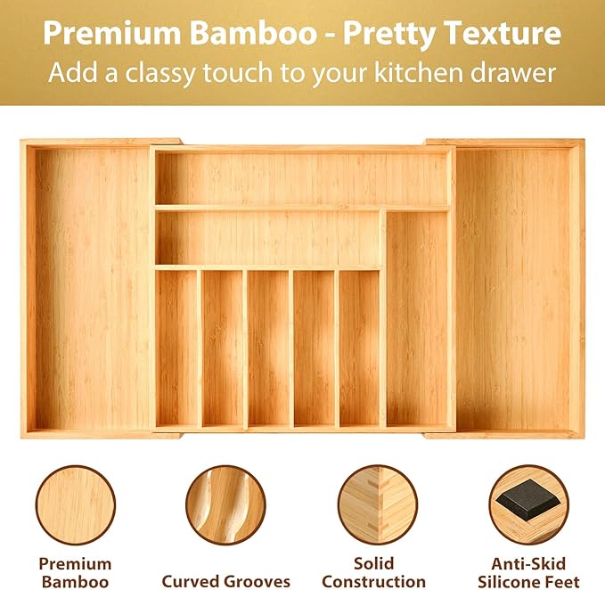 Umilife Extra Large Expandable Kitchen Siverware Utensils Drawer Organizer, 19" Deep for Big Drawer, Adjustable Bamboo Wood Drawer Divider with Curved Grooves, Cutlery Tray Flatware Holder