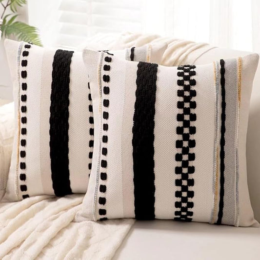 Boho Throw Pillow Covers 18x18 Set of 2 Farmhouse Decorative Cushion Case Striped Square Pillows Cover Chenille Pillow Cases Accent Neutral Pillowcase for Sofa Couch Bed,Black