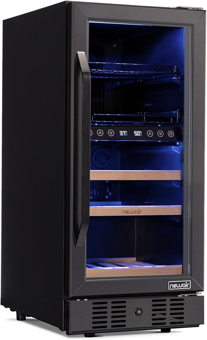 Newair 15" Wine and Beverage Refrigerator 9 Bottle and 48 Can Capacity, Beverage Cooler in Stainless Steel, Built-in or Freestanding Dual Zone Drink Fridge with Triple-Pane Glass Door