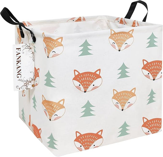 FANKANG Square Nursery Hamper Storage Bins Canvas Laundry Basket Foldable with Waterproof PE Coating Storage Baskets Gift Baskets for Children, Office, Bedroom, Clothes(Square-Fox)