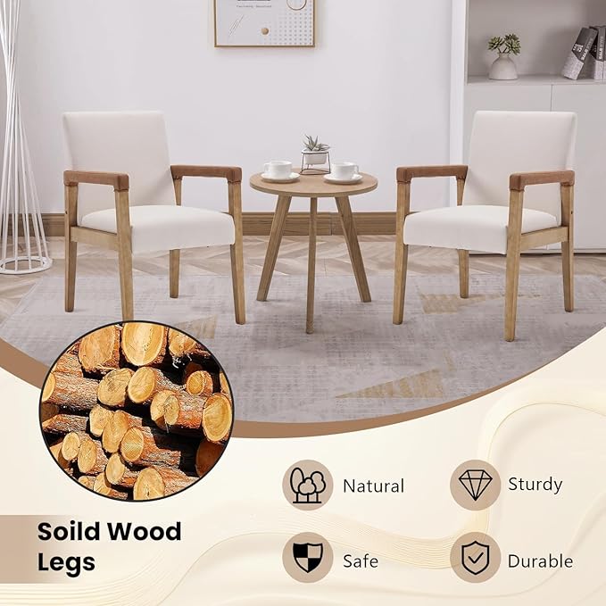 Kmax Modern Dining Chairs Set of 6 Linen Fabric Kitchen Arm Chairs Upholstered Accent Chairs with Wooden Legs for Dining Room, Living Room, Bedroom, White