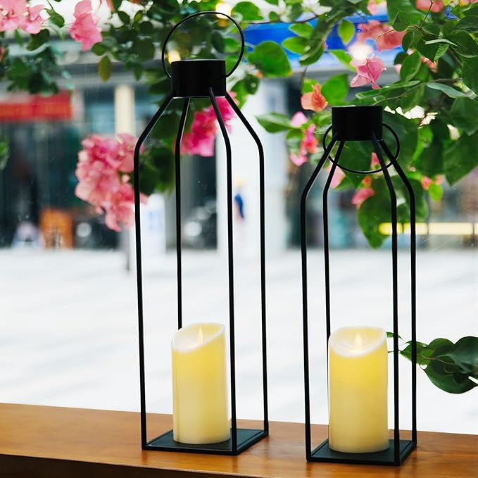 HPC Decor 22'' 19'' Lanterns Decorative w/ Flickering Timer Candles- Large Tall Black Metal Candle Lanterns Set of 2- Modern Farmhouse Decor for Indoor,Outdoor,Tabletop,Porch (No Glass)