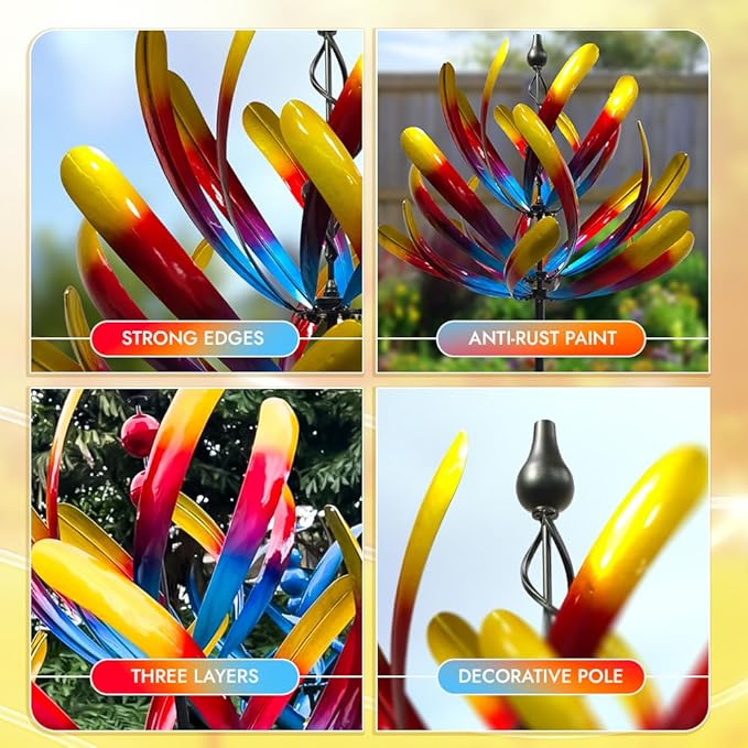 Large Wind Spinners - Decorative Garden Whirligigs - Durable Metal Flower Art - Ideal for Yard Decor and Gifts Colorful 88" H x 27" W