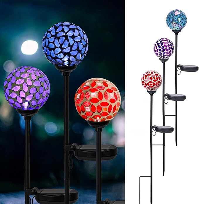VCUTEKA Solar Garden Decorative Lights Outdoor, Mosaic Solar Light Waterproof LED Pathway Stake Light for Landscape Patio Yard Deck Walkway Decoration, 3 Pack (Blue&Purple&Red)