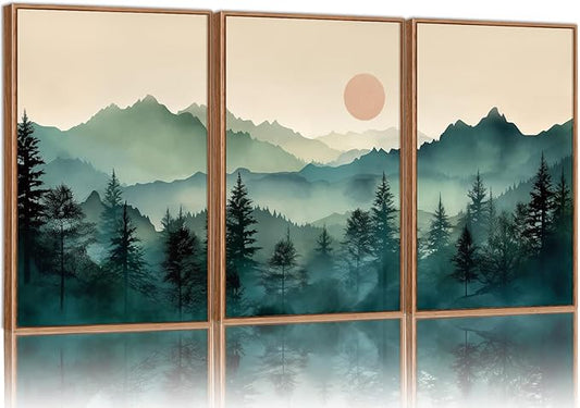 SIGNINART Large Mountain Framed Canvas Wall Art Set, Abstract Misty Forest Wall Decor, Foggy Nature Pine Tree Wall Painting, Modern Boho Sunrise Art Prints for Bedroom Living Room and Office 24"x36"x3