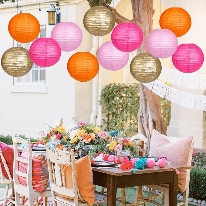 Paper Lanterns Pink Orange Gold Round Hanging Chinese Lanterns for Birthday Party Baby Shower Bridal Shower Decorations Pack of 12