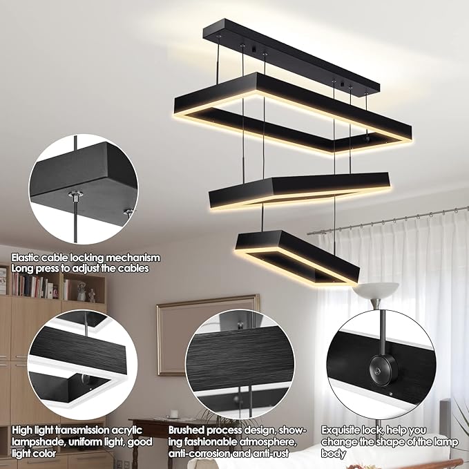 Modern 3 Rings Rectangle Chandelier for Living Room - Adjustable Height Luxury Foyer Lighting Fixture for High Ceiling, Hanging Dining Room LED Pendant Light