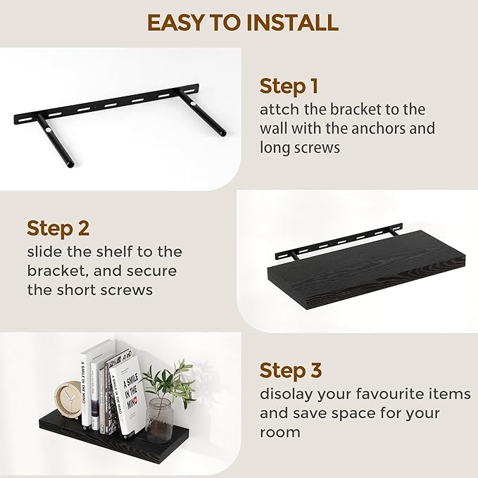 55 Inch Floating Shelves Black, Rustic Wood Floating Shelf Wall Mounted, 9 Inch Deep Floating Shelf for Kitchen, Bedroom, 55 x 9 Wall Shelves for Home Storage, Set of 1