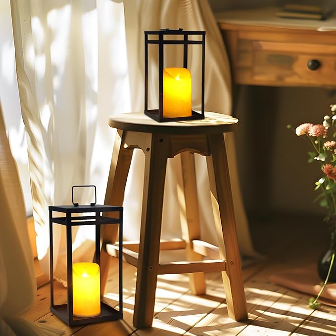 Modern Farmhouse Lantern Decor, 2Pcs Metal Candle Lanterns with Flameless Candles Black Decorative Lantern for Front Porch Covered Patio Dining Table Entryway Table Wedding Home Decor